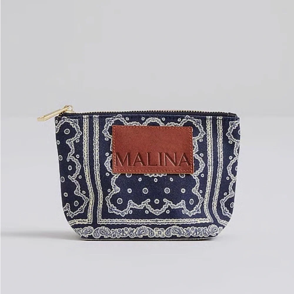 Malina Navy Bandana Print Cosmetic Pouch with Leather Logo